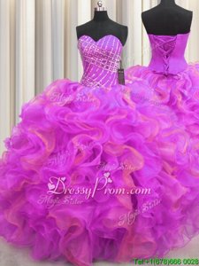 Multi-color Sleeveless Floor Length Beading and Ruffles Lace Up Quince Ball Gowns