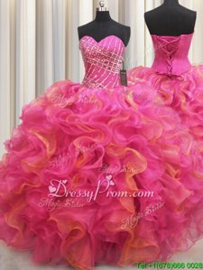 Simple Sweetheart Sleeveless Sweet 16 Dresses Floor Length Beading and Ruffles Hot Pink Organza