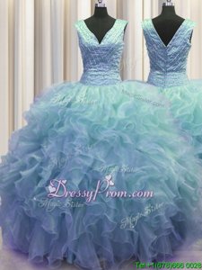 Baby Blue V-neck Neckline Ruffles Sweet 16 Dresses Sleeveless Zipper