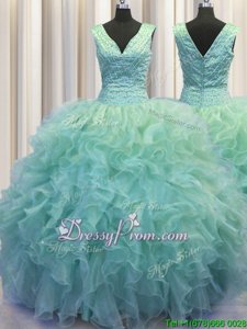 Chic Light Blue Ball Gowns V-neck Sleeveless Organza Floor Length Zipper Ruffles Quinceanera Dresses