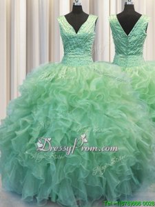 High Class V-neck Sleeveless Zipper 15 Quinceanera Dress Light Blue Organza