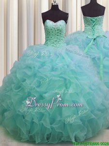 Pretty Floor Length Light Blue Quinceanera Dresses Organza Sleeveless Spring and Summer and Fall and Winter Beading and Ruffles