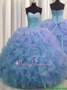 Luxurious Blue Sweet 16 Dresses Military Ball and Sweet 16 and Quinceanera and For withBeading and Ruffles Sweetheart Sleeveless Lace Up