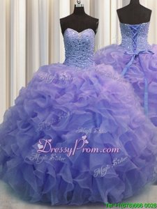 Exquisite Blue Lace Up 15 Quinceanera Dress Beading and Ruffles Sleeveless Floor Length