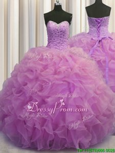 Excellent Organza Sweetheart Sleeveless Lace Up Beading and Ruffles Quinceanera Dresses inLilac