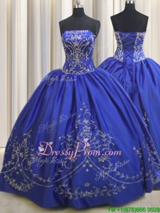 Chic Royal Blue Ball Gowns Chiffon Strapless Sleeveless Beading and Embroidery Floor Length Lace Up Ball Gown Prom Dress