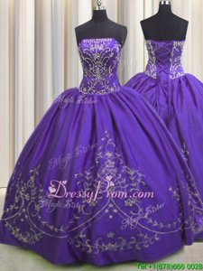 Beauteous Dark Purple Ball Gowns Taffeta Strapless Sleeveless Beading and Embroidery Floor Length Lace Up 15 Quinceanera Dress