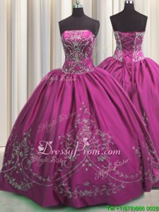 Best Fuchsia Lace Up Strapless Beading and Embroidery Sweet 16 Quinceanera Dress Taffeta Sleeveless