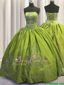 Spectacular Olive Green Sleeveless Floor Length Beading and Embroidery Lace Up Quinceanera Gown