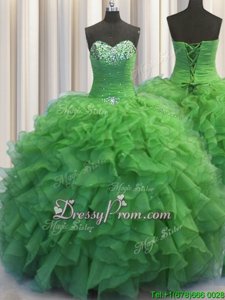 Pretty Sleeveless Organza Floor Length Lace Up Sweet 16 Dresses inGreen forSpring and Summer and Fall and Winter withBeading and Ruffles