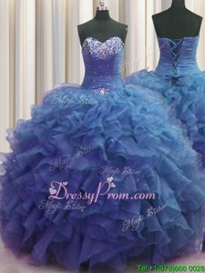 Cute Blue Ball Gowns Beading and Ruffles 15th Birthday Dress Lace Up Organza Sleeveless Floor Length