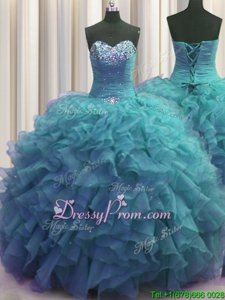 Teal Sweetheart Lace Up Beading and Ruffles Quince Ball Gowns Sleeveless