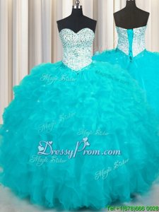 Low Price Floor Length Aqua Blue Quince Ball Gowns Tulle Sleeveless Spring and Summer and Fall and Winter Beading and Ruffles