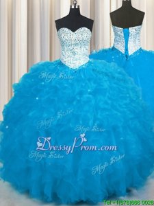 Baby Blue Tulle Lace Up Sweetheart Sleeveless Floor Length 15th Birthday Dress Beading and Ruffles