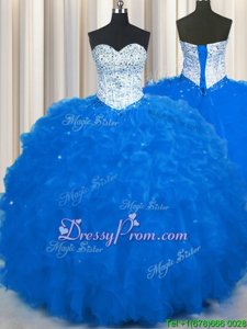 Affordable Sleeveless Tulle Floor Length Lace Up Quinceanera Gown inRoyal Blue forSpring and Summer and Fall and Winter withBeading and Ruffles