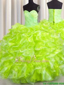Sweetheart Sleeveless 15th Birthday Dress Floor Length Beading and Ruffles Yellow Green Organza