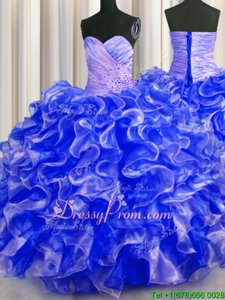 Suitable Royal Blue Organza Lace Up 15 Quinceanera Dress Sleeveless Floor Length Beading and Ruffles