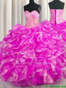 Delicate Floor Length Rose Pink Quinceanera Gown Organza Sleeveless Spring and Summer and Fall and Winter Beading and Ruffles