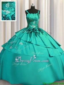 Designer Turquoise Satin Lace Up Spaghetti Straps Sleeveless Floor Length Sweet 16 Dress Beading and Embroidery