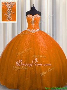 Elegant Rust Red Ball Gowns Tulle Sweetheart Sleeveless Beading and Appliques With Train Lace Up Quinceanera Dress Court Train
