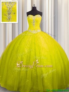 Edgy Ball Gowns Sleeveless Yellow Green Quinceanera Gown Court Train Lace Up