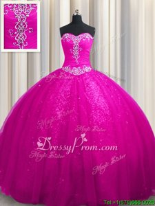 Wonderful Fuchsia Sweetheart Lace Up Beading and Appliques Vestidos de Quinceanera Court Train Sleeveless