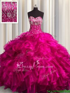 Fabulous Fuchsia Sleeveless Organza Brush Train Lace Up Sweet 16 Dress forMilitary Ball and Sweet 16 and Quinceanera