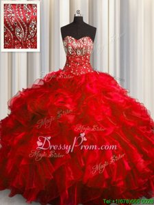 Designer Red Lace Up Sweetheart Beading and Ruffles Sweet 16 Quinceanera Dress Organza Sleeveless Brush Train
