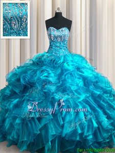 Glittering Teal Organza Lace Up Sweetheart Sleeveless With Train Quinceanera Dresses Brush Train Beading and Ruffles