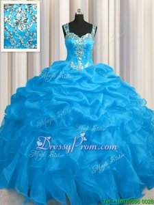 Custom Design Blue Sleeveless Appliques and Ruffles Floor Length Quinceanera Dress