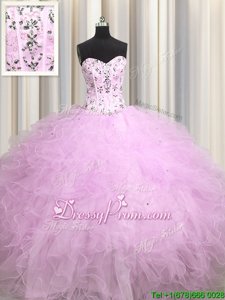 Deluxe Lilac Sleeveless Tulle Lace Up Quinceanera Gown forMilitary Ball and Sweet 16 and Quinceanera