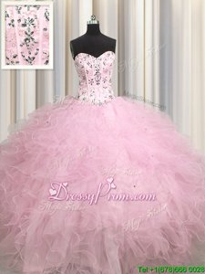 Latest Ball Gowns Sweet 16 Dress Baby Pink Sweetheart Tulle Sleeveless Floor Length Lace Up