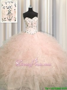 Modest Pink Sweet 16 Dress Military Ball and Sweet 16 and Quinceanera and For withBeading and Appliques and Ruffles Sweetheart Sleeveless Lace Up