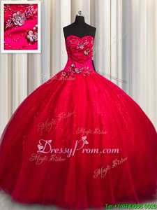 Extravagant Floor Length Lace Up Sweet 16 Dresses Red and In forMilitary Ball and Sweet 16 and Quinceanera withBeading and Appliques