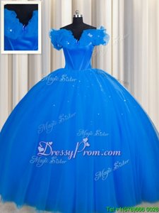 Cute V-neck Short Sleeves Sweet 16 Dresses With Train Court Train Ruching Royal Blue Tulle