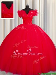 Unique Red Ball Gowns Ruching Quinceanera Dress Lace Up Tulle Short Sleeves With Train