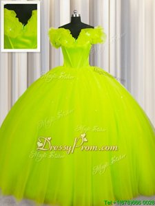 Attractive V-neck Short Sleeves Court Train Lace Up Ball Gown Prom Dress Yellow Green Tulle