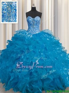 On Sale Teal Sleeveless Organza Lace Up Quinceanera Dress forMilitary Ball and Sweet 16 and Quinceanera