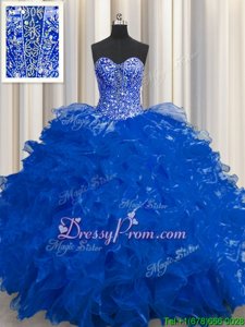 Classical Royal Blue 15 Quinceanera Dress Military Ball and Sweet 16 and Quinceanera and For withBeading and Ruffles Sweetheart Sleeveless Lace Up