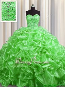 Romantic Sleeveless Organza With Train Court Train Lace Up 15th Birthday Dress inSpring Green forSpring and Summer and Fall and Winter withBeading and Pick Ups