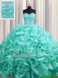 Glamorous Aqua Blue Ball Gowns Organza Sweetheart Sleeveless Beading and Pick Ups With Train Lace Up Sweet 16 Dresses Court Train
