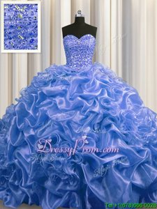 Customized Blue Ball Gowns Beading and Pick Ups Ball Gown Prom Dress Lace Up Organza Sleeveless With Train