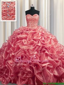 Gorgeous With Train Watermelon Red 15 Quinceanera Dress Organza Court Train Sleeveless Spring and Summer and Fall and Winter Beading and Pick Ups