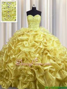 Charming Sleeveless With Train Beading and Pick Ups Lace Up Quinceanera Gown with Gold Court Train