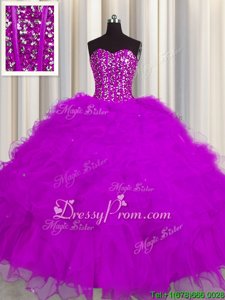 Custom Designed Tulle Sweetheart Sleeveless Lace Up Beading and Ruffles and Sequins Quinceanera Gown inFuchsia