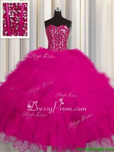 Fashion Fuchsia Ball Gowns Beading and Ruffles and Sequins Sweet 16 Quinceanera Dress Lace Up Tulle Sleeveless Floor Length