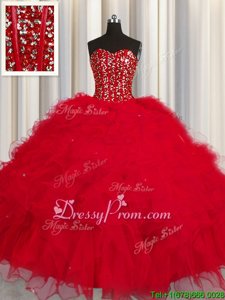Decent Sleeveless Tulle Floor Length Lace Up Quince Ball Gowns inRed forSpring and Summer and Fall and Winter withBeading and Ruffles and Sequins