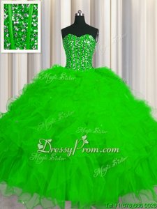 Sweet Floor Length Spring Green Quince Ball Gowns Tulle Sleeveless Spring and Summer and Fall and Winter Beading and Ruffles and Sequins