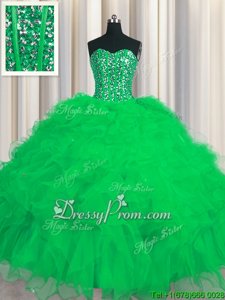 Trendy Green Sleeveless Floor Length Beading and Ruffles and Sequins Lace Up Quinceanera Dresses