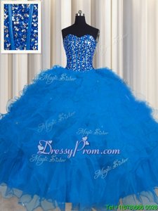 On Sale Blue Sleeveless Floor Length Beading and Ruffles and Sequins Lace Up Vestidos de Quinceanera